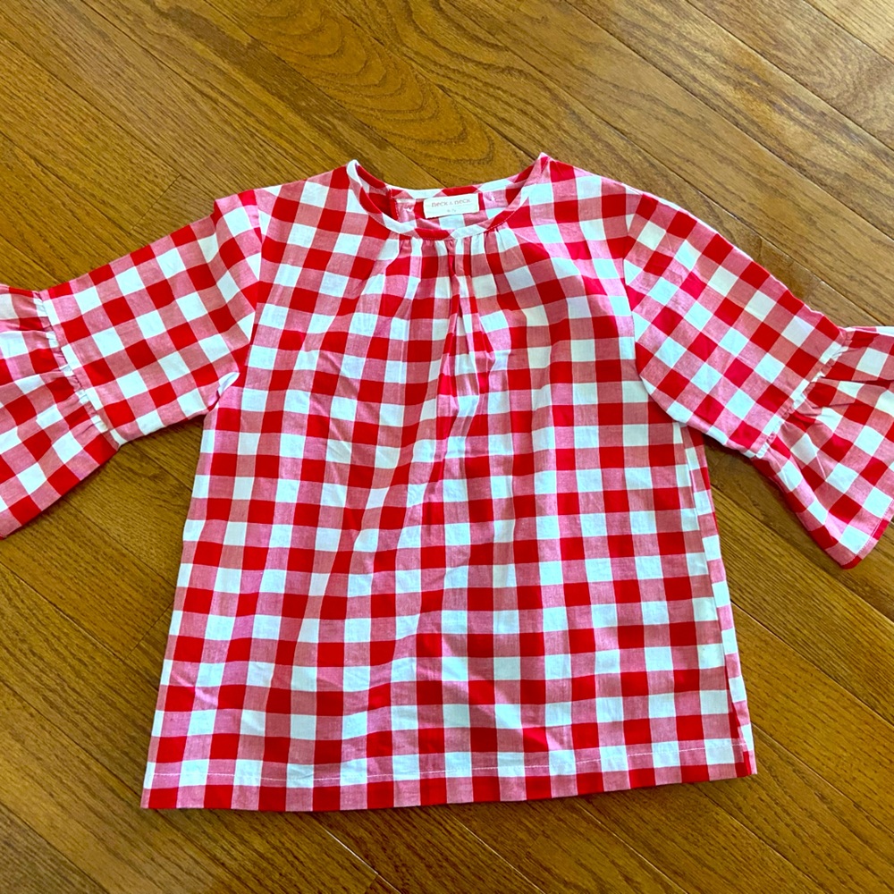 🇪🇸Spanish brand Neck & Neck 3/4 inch sleeved cotton plaid top size 6/7 girls.